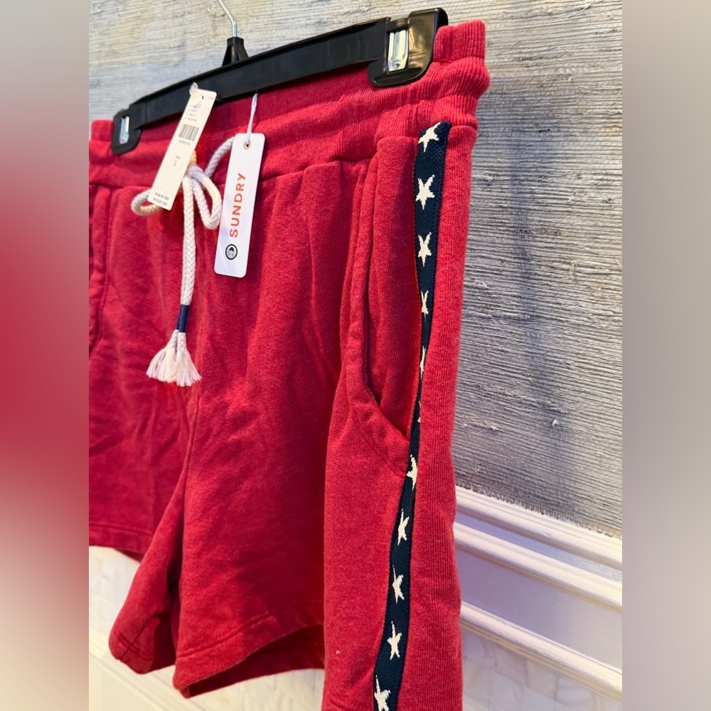 NWT new large fits medium Anthropologie sundry terry shorts red white blue stars - Picture 6 of 14